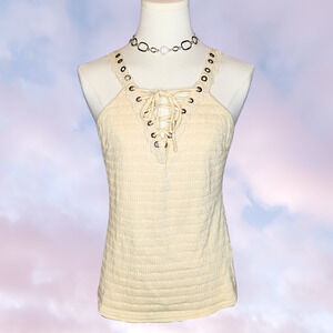 Gimmicks Pale Pastel Yellow Grommet Lace Up Sweet Frilly Chic Tank Top Sz L